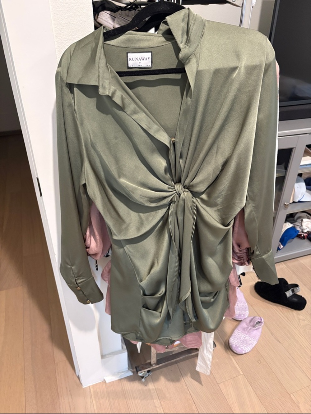 Runaway Olive Green Twist-Front Satin Blouse